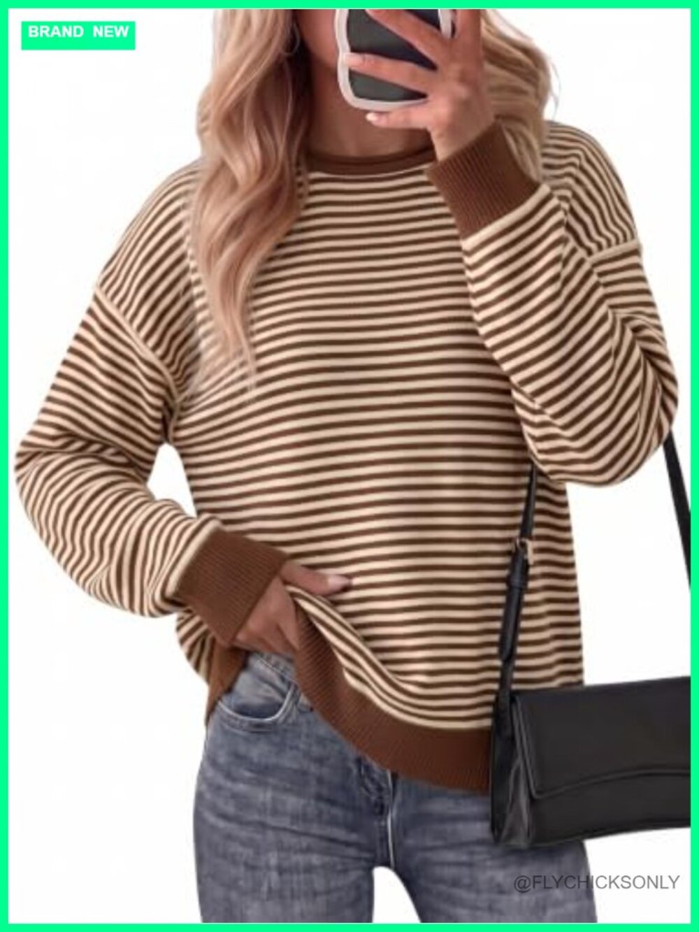 Womens Oversized Striped Knit Pullover Sweater Crewneck Drop Shoulder